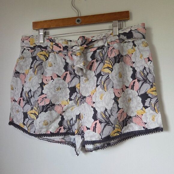 LIKE NEW LOFT FLORAL BELTED LINEN BLEND SHORTS SIZE LARGE WOMENS - Picture 2 of 16
